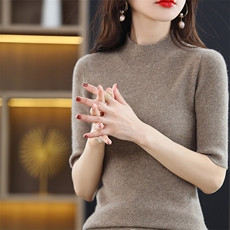 半高领毛衣女内搭2024秋新款修身显瘦中袖紧身短款，女装针织衫/毛衣，皓宇羊绒