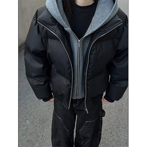 现货高品质重磅工艺美式高街假两件PU皮棉衣男女加厚棉服外套图片