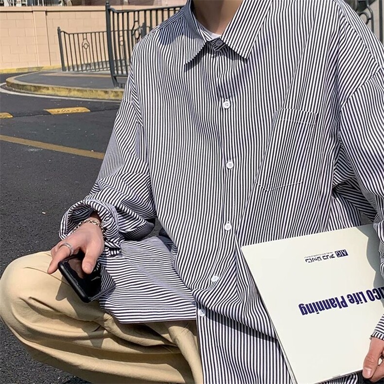 春秋薄款条纹衬衫男长袖ins港风日系宽松休闲韩版潮流百搭上衣服,男装衬衫,星座506A