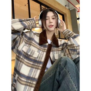 文艺日系气质时尚潮流秋冬复古格子毛呢外套女原宿新款 J221图片