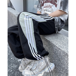 夏款男裤褶皱速干裤三条杠拼色抽绳束脚长裤h2200 P40图片
