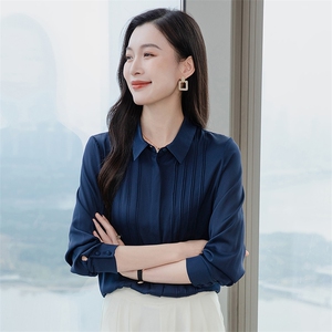 高端纯色真丝衬衫女长袖2026年春装翻领通勤职业OL真丝上衣衬衣图片