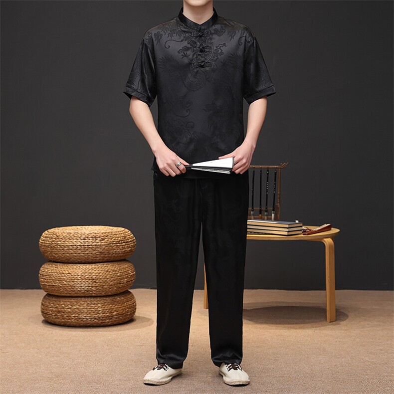 夏季新款风立领盘扣龙纹印花休闲短袖T恤提花时尚套装7826P60,男装T恤,电商B226-2（原B217-2）