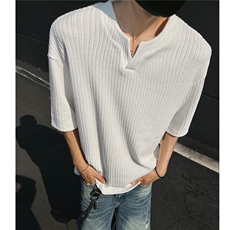 主推慵懒风肌理感小v领短袖T恤提花宽松情侣上衣H1069特P28，男装T恤，电商A341