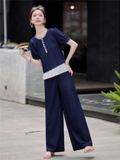 2025年夏季套头圆领短袖刺绣上衣阔腿裤藏青色套装，女装套装/套裙，微微衣阁