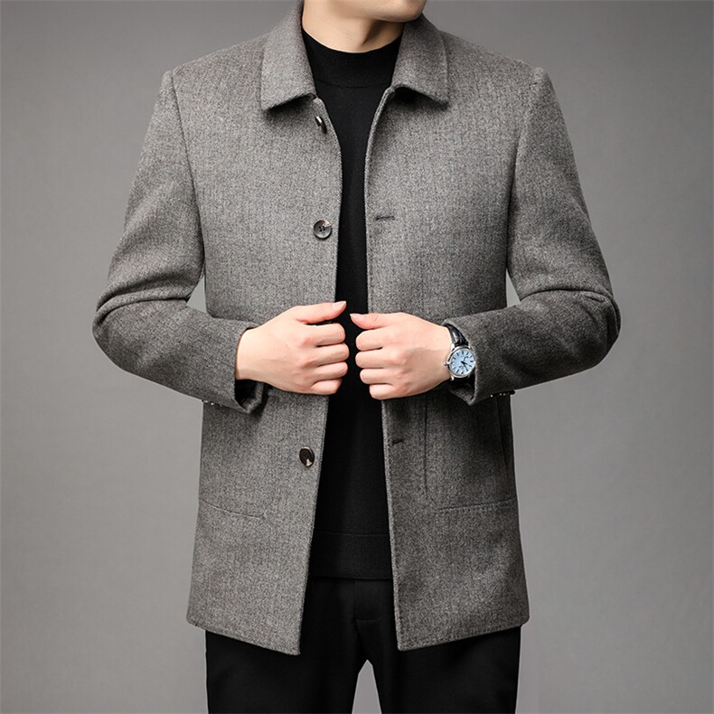 休闲男装外套翻领中年厚款保暖羊毛呢大衣冬季新款白鸭绒上衣，男装毛呢大衣，电商B212（原钱塘6029）