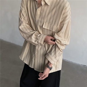 秋季日系复古细条纹衬衫男女生学院风宽松休闲青少年衬衣ins潮图片