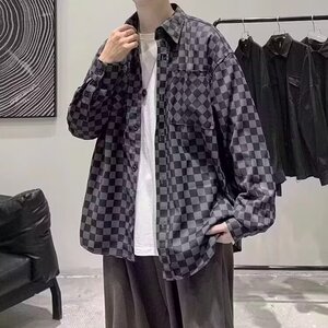 棋盘格子衬衫男女长袖ins潮流情侣小众翻领衬衣宽松日系休闲外套图片