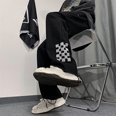 高街美式棋盘格刺绣牛仔裤男宽松阔腿设计感裤子N01352-P48，男装牛仔裤，星座308B-1