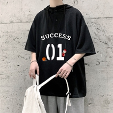 LD54205-P45连帽短袖t恤男大码胖子带帽五分袖中袖大皂风，男装T恤，电商A040