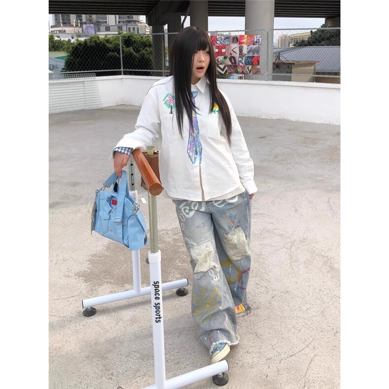 手绘领带白色衬衫设计学院风衬衣2025春夏季ins外套CY1087-P40,男装衬衫,星座412-1