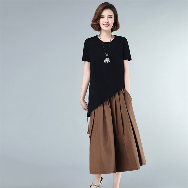 2021年夏季新款连衣裙女中长款短袖T恤半身裙子套装女休闲两件套,女装套装/套裙,简韵佳