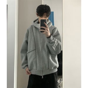抖音得物高品质秋冬美式高街重磅结构辑明线纹理连帽卫衣外套W111图片