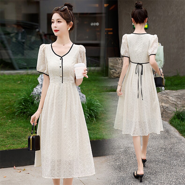 收腰连衣裙2025年夏装新款法式温柔风雪纺气质显瘦长裙过膝裙子女，女装连衣裙，星期衣
