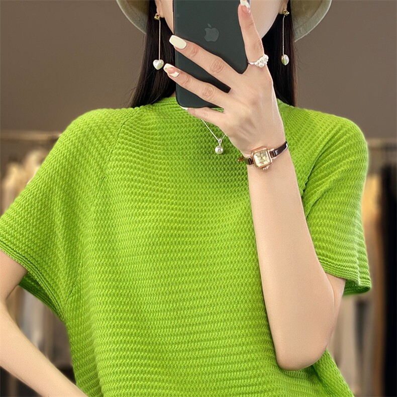 针织短袖t恤女夏季2025新款漂亮小衫洋气别致上衣显瘦大码打底衫,女装T恤,暖烁特种纱工厂店