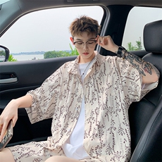 2025美式扎染印花冰丝凉感短袖衬衫薄套装TZ5611/特P45杏色6，男装休闲套装，电商A094