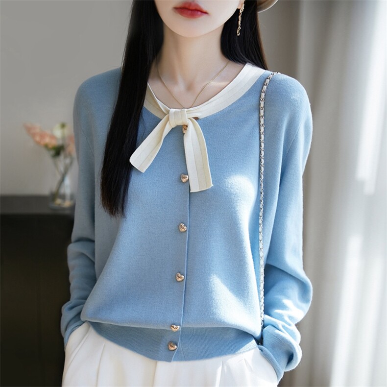 法式高级感小香风上衣蝴蝶结系带针织羊毛衫2025年春秋软糯打底衫，女装T恤，暖烁羊绒