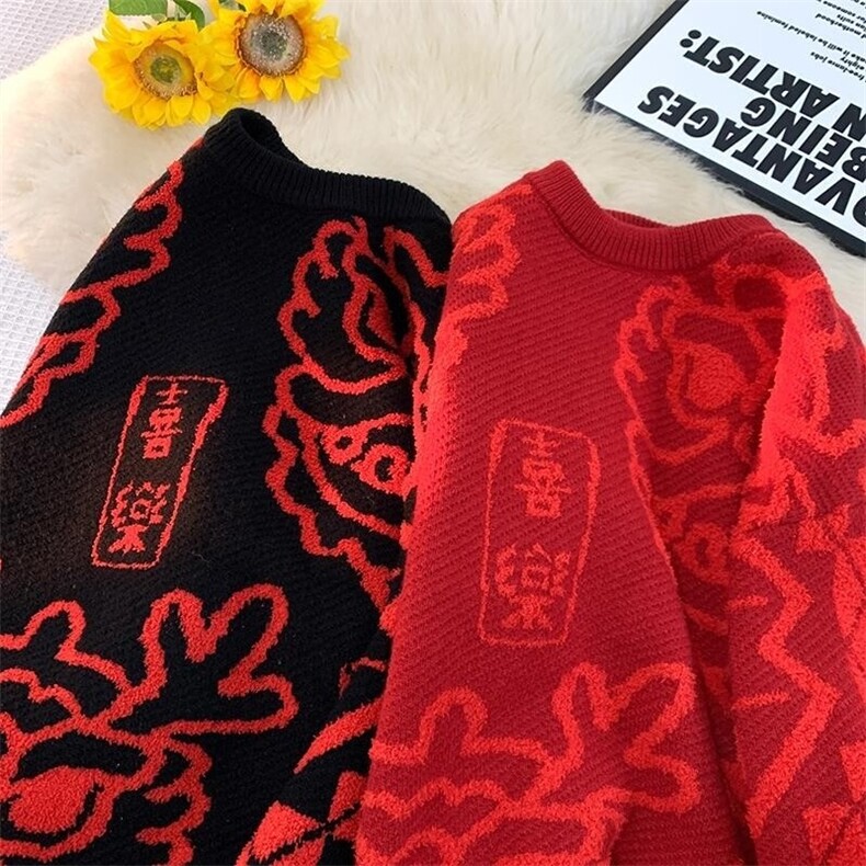 8564-特P58红色毛衣男青少年提花潮针织衫情侣帅气时尚毛线衣,男装针织衫/毛衣,电商D310B