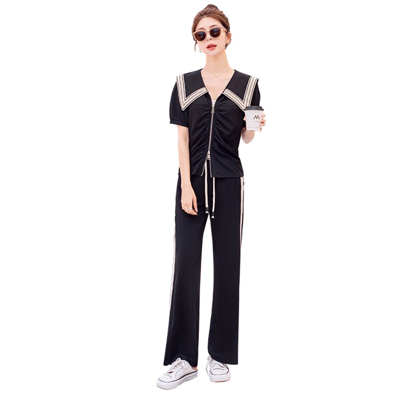 时尚流行运动休闲套装女夏2023新款潮流翻领短袖显瘦阔腿裤两件套,女装套装/套裙,曼娅璐