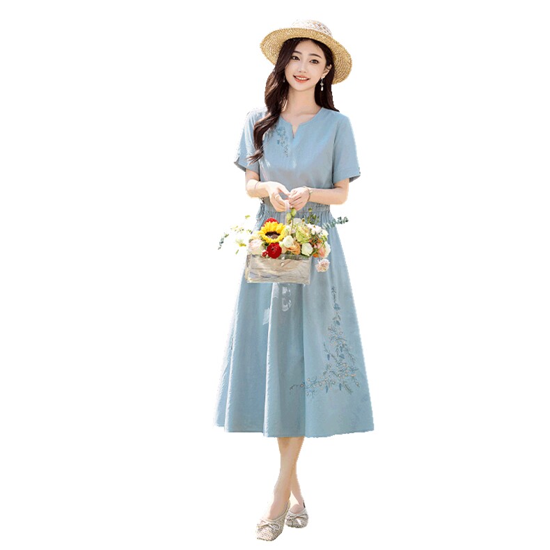 新中式纯棉连衣裙女2026新款夏高级感气质减龄显瘦中长款裙子,女装连衣裙,倪叶myz