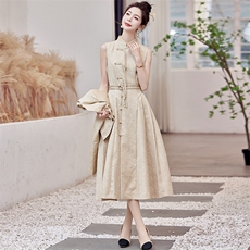 新中式国风连衣裙套装女2024春秋季新款气质高腰修身背心裙两件套，女装套装/套裙，芷墨服饰