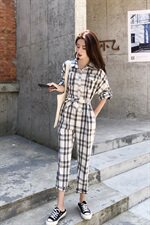 现货春夏装短袖连身裤格子工装套装连体衣裤潮1888212P95控158，女装裤子，艾青服饰