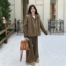 韩系羊羔毛马甲套装女2025年冬季新款慵懒风连帽卫衣阔腿裤三件套，女装棉衣/棉服，2D078