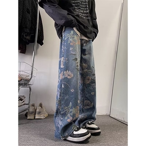 美式印花牛仔裤男春秋季潮牌嘻哈情侣裤子痞帅宽松阔腿拖地裤图片