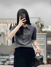 时髦洋气Polo领羊毛针织短袖女欧洲站宽松显瘦半袖衬衫翻领T恤衫，女装针织衫/毛衣，千御纺羊绒