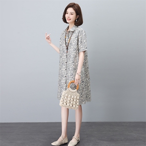 纯棉印花连衣裙女夏2025新款宽松大码中年妈妈遮肚子显瘦衬衫裙子图片