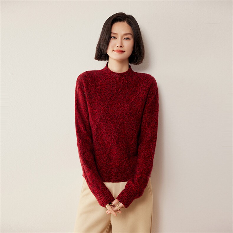 半高领菱形格35%羊绒衫女秋冬新款宽松长袖短款针织打底衫厚,女装羊绒衫,缇曼羊绒
