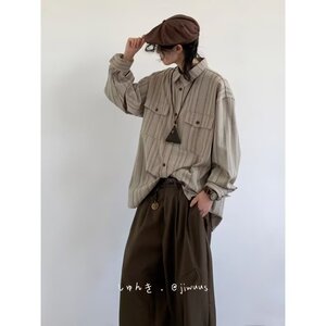 3036-P45 水洗翻领青少年秋季标准常规长袖日系竖条纹衬衫卡其色图片