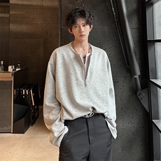 高质量高街男款双层拉链深V领纯长袖T男A071-T51-P58（现货），男装T恤，电商A071