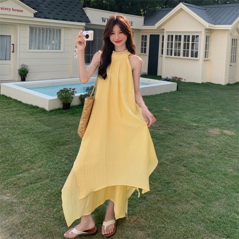 韩系简约休闲海边度假风超好看层叠挂脖连衣裙女夏季新款气质长裙,女装连衣裙,2C216