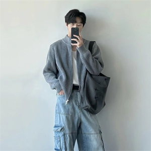 抖音得物 保暖立领拉链针织外套秋冬宽松慵懒风纯色毛衣上衣AM02图片
