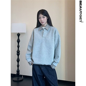 HJ69-P45 春季美式假两件格子拼翻领休闲卫衣男女同款POLO领卫衣图片