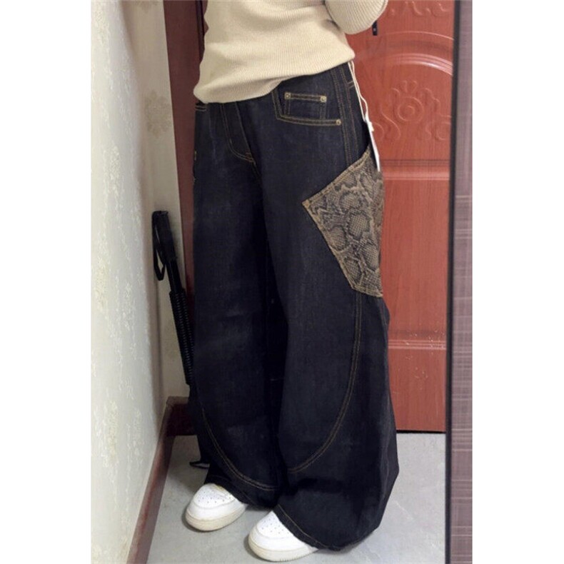 高街黑色弯刀牛仔裤男蛇纹拼接设计感大口袋工装阔腿裤男N6031，男装牛仔裤，星座1116A（原606A-3）
