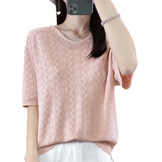 V领冰丝针织短袖T恤衫女2024夏季新款镂空提花半袖桑蚕丝打底上衣，女装针织衫/毛衣，欣美羊绒