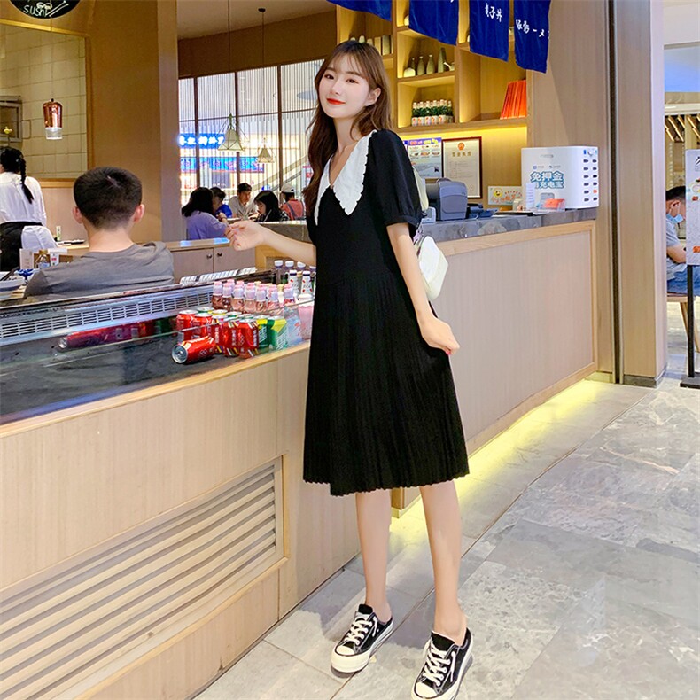 雪纺连衣裙2021新款夏季中长款百褶裙黑色韩版减龄连衣裙女,女装连衣裙,梦懿尔