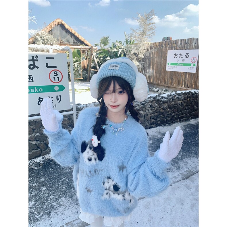 粉色狗狗毛衣女秋冬叠穿保暖温柔慵懒氛围感软糯休闲上衣图片