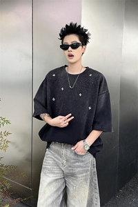 8XL-M 满天星轻奢烫钻宽松版落肩纯棉短袖T恤新款夏百搭上衣DX337图片