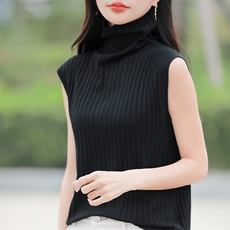 简约纯色坑条堆堆领针织马甲背心女早春时尚洋气内搭无袖坎肩上衣，女装针织衫/毛衣，佳绒包芯纱店