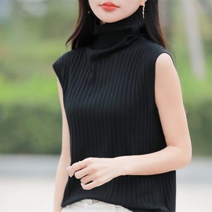简约纯色坑条堆堆领针织马甲背心女早春时尚洋气内搭无袖坎肩上衣图片