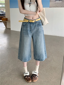 复古阔腿七分牛仔裤女夏季高腰大码胖mm宽松显瘦梨型身材直筒裤子图片