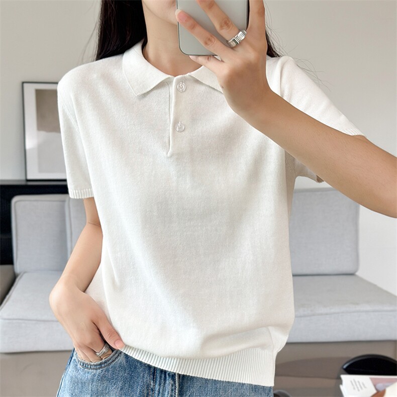 夏季时尚百搭纯棉针织短袖女翻领纯色宽松显瘦上衣t恤女polo衫女图片