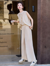 无袖上衣阔腿裤两件套装女装夏2025气质时尚休闲洋气40减龄一整套，女装套装/套裙，韩然一族