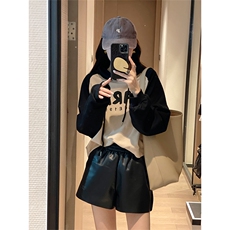 撞色字母涂鸦连帽卫衣女2022早秋新款韩版宽松慵懒风长袖短款上衣，女装卫衣/绒衫，辉之琳