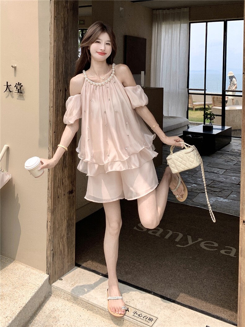 主推新款P185-K275富家千金露肩泡泡珍珠挂脖镶钻套装,女装套装/套裙,网红馆