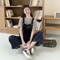 韩系复古减龄牛仔背带裤女2025夏新款学院风条纹T恤阔腿裤两件套，女装套装/套裙，2C307
