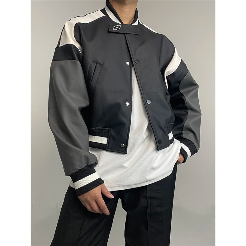 美式复古PU皮拼接短款机车夹克男cleanfit解构设计感棒球服外套潮,男装夹克,星座506A